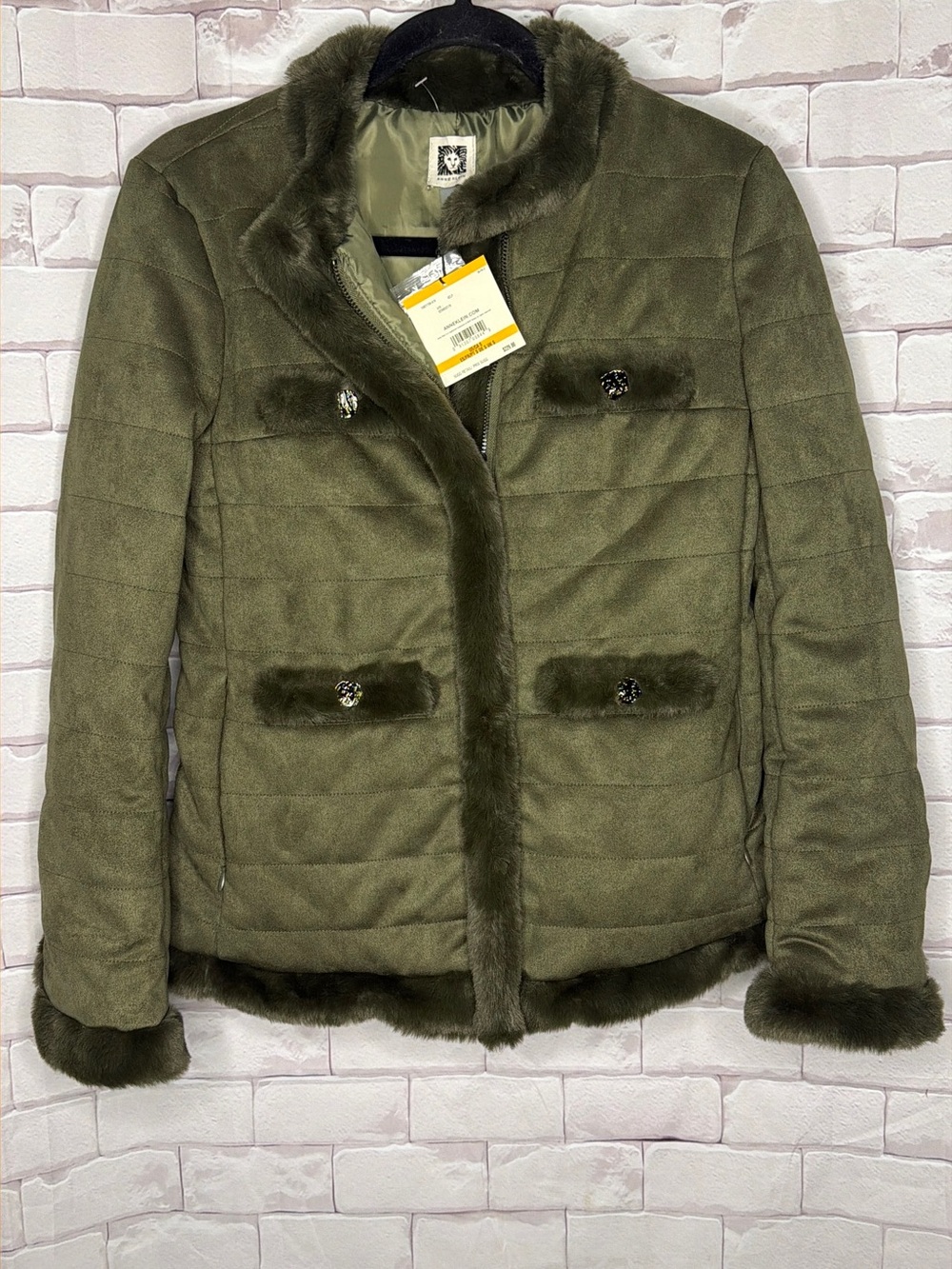 NWT‎ Anne Klein Olive Green Quilted Faux Fur-Trim Puffer Jacket Size Small